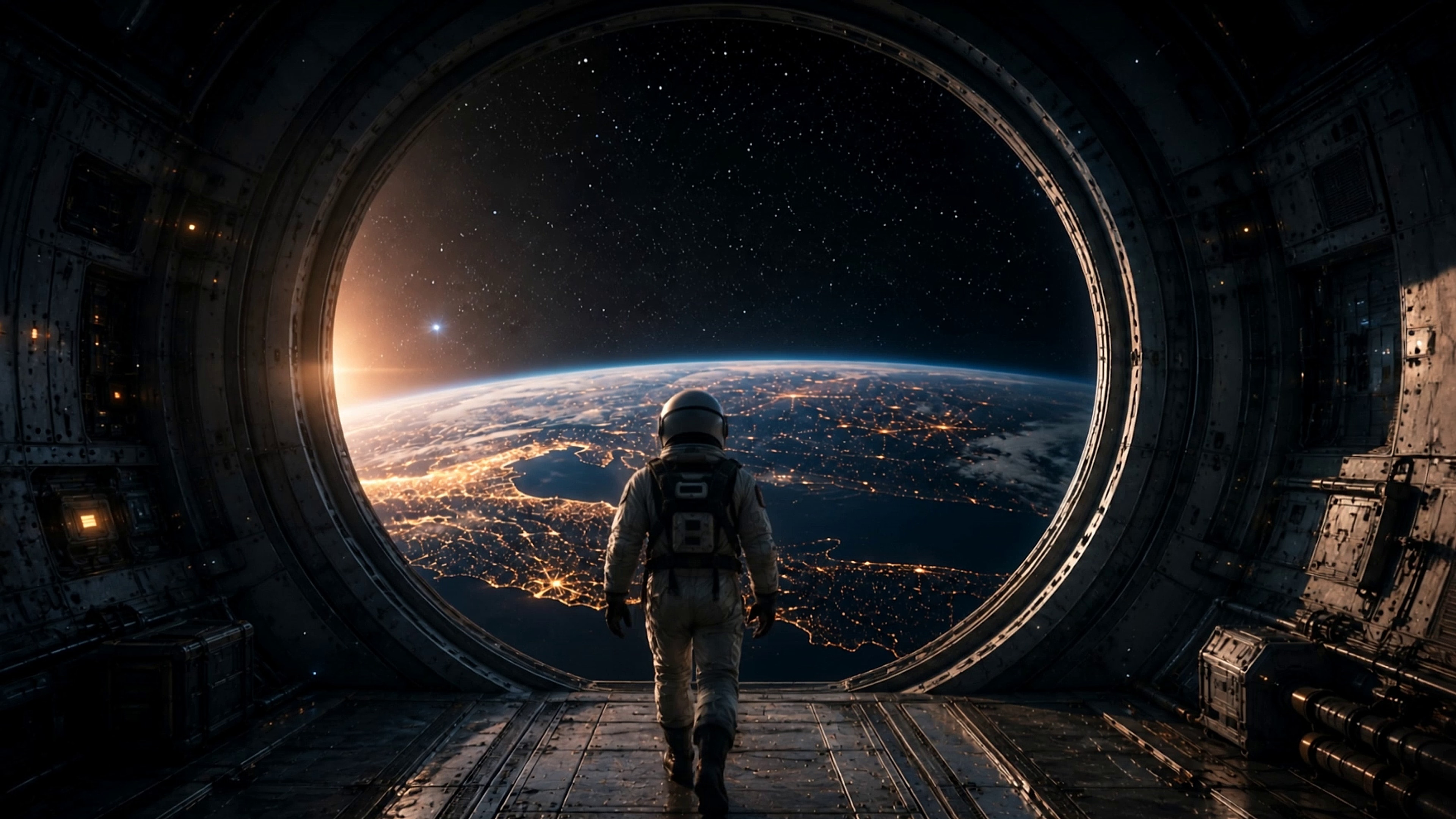 An astronaut walking down a spacecraft corridor toward an open circular hatch, beyond it Earth glowing at night