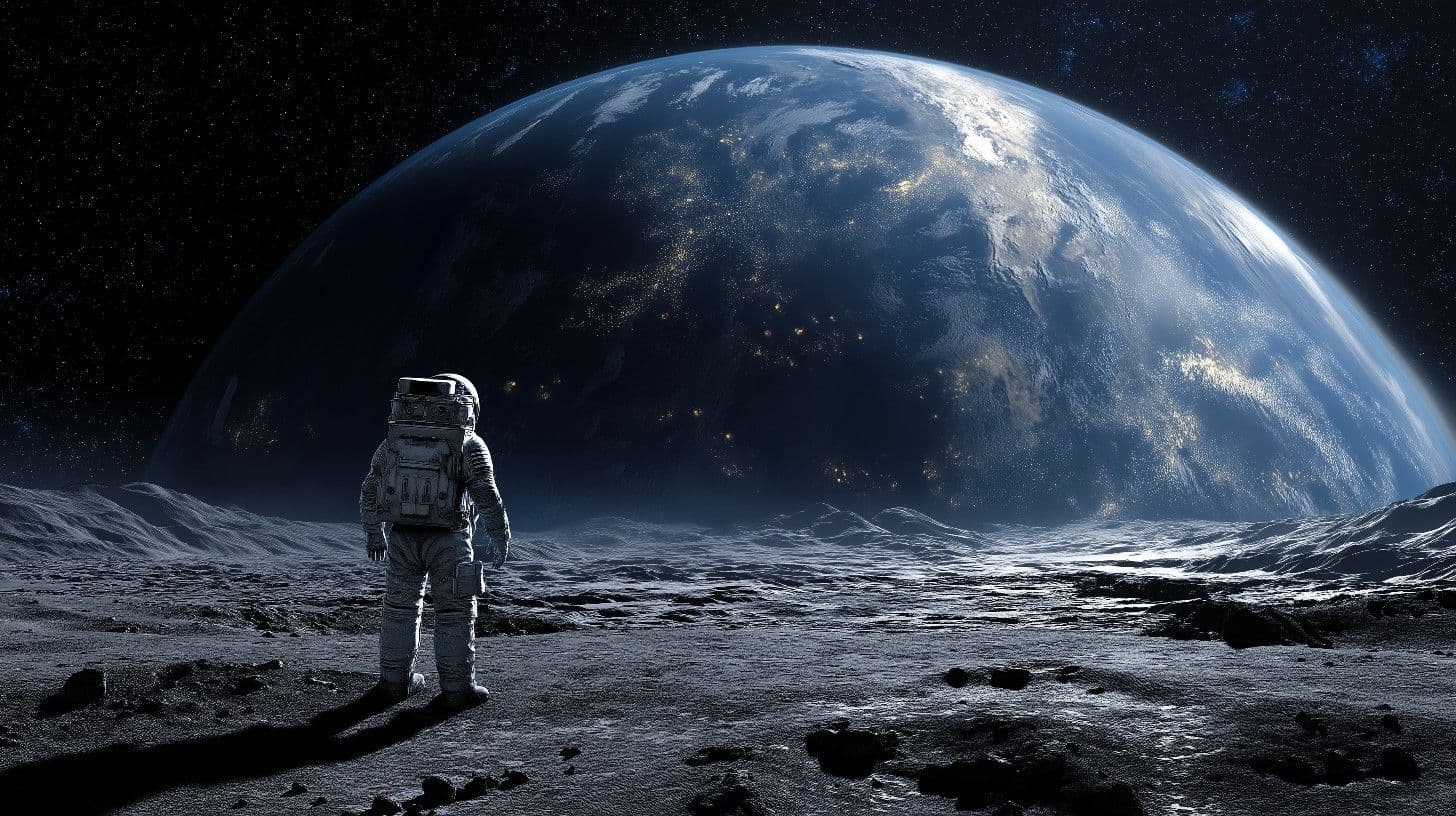 An astronaut standing on the lunar surface, an enormous Earth rising over the horizon