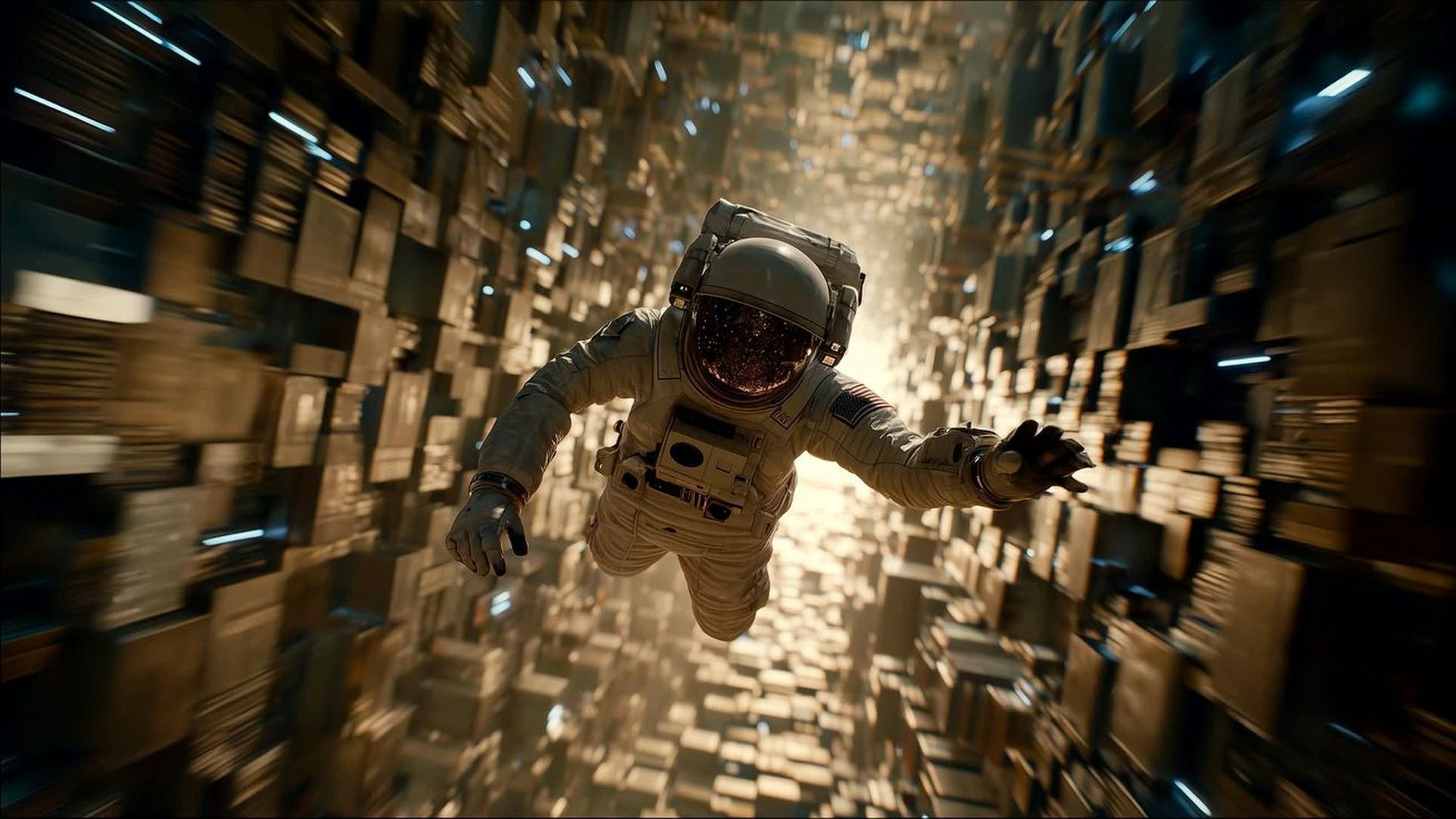 An astronaut free-falling through a vast golden lattice of shifting geometry