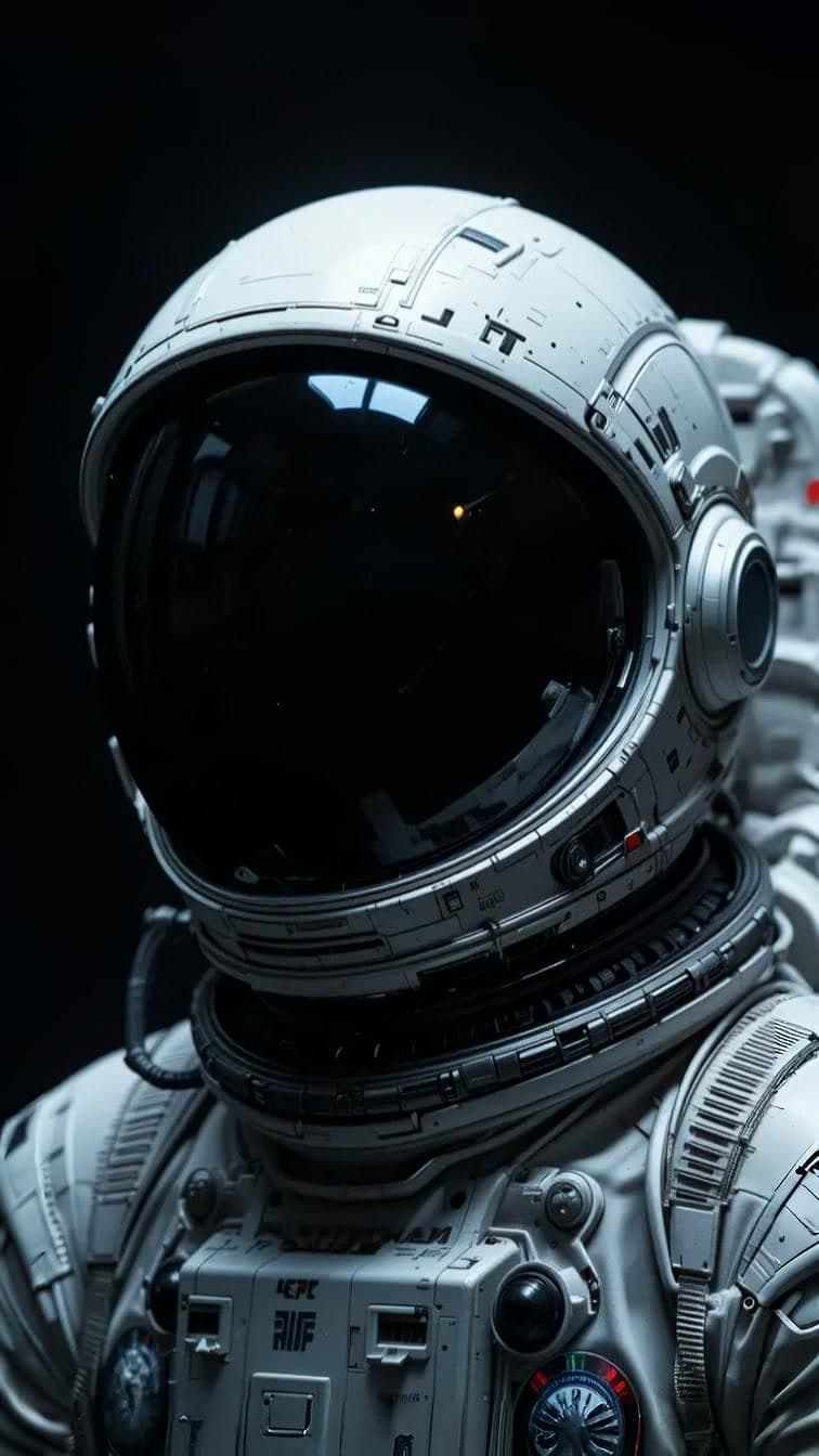 A close portrait of an astronaut's helmet, the visor black and reflective, every panel of the white suit in sharp detail